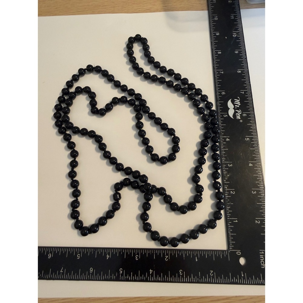 Vintage Black Glass Bead Flapper Necklace Long Knotted Strand 50 Inch 8mm Beads